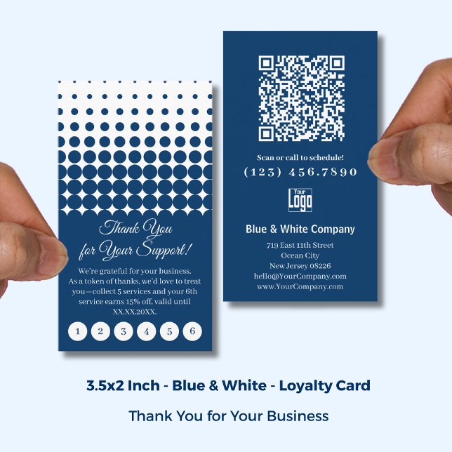 Carte De Fidélité Classic Blue & White with Logo Thank You Punch (Classic Blue & White with Logo Thank You Punch Loyalty Card; Size: 3.5x2 Inch)