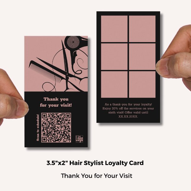Carte De Fidélité Coiffeur rose & noir Logo & QR - Merci (Hairstylist Pink & Black Logo & QR - Thank You Loyalty Card; Standard Size: 3.5x2 Inch)