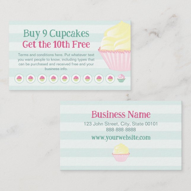 Carte De Fidélité Cupcakes Loyalty Stamp ou Punch Card - Acheter 9 O (Devant / Derrière)