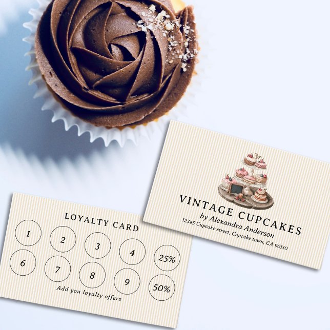 Carte De Fidélité Cupcakes vintages (Vintage Trayed Cupcakes Loyalty Card)