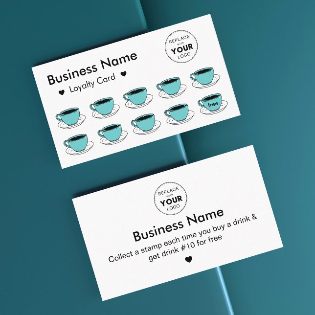Carte De Fidélité Cute Turquoise tasses à café Ajouter votre logo Mi (Créateur téléchargé)