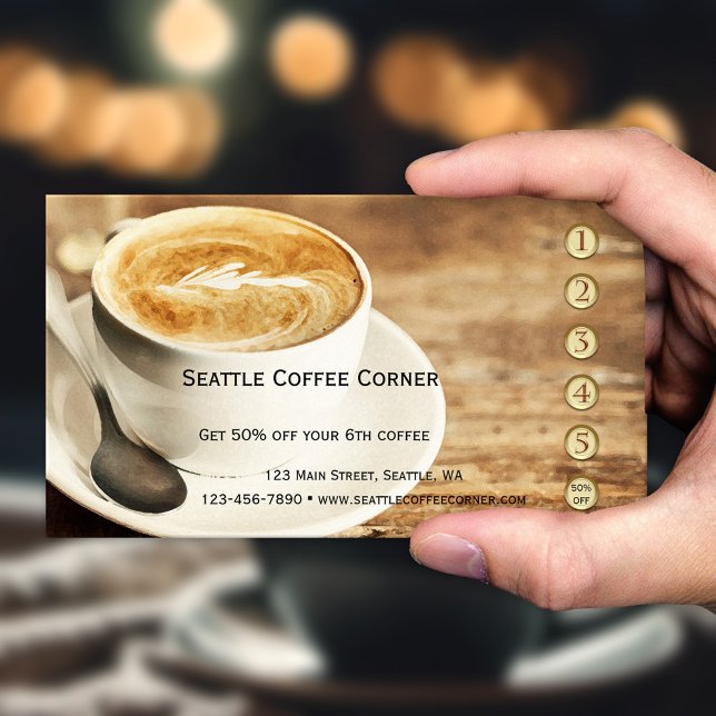 Carte de fidélité de café rustique (Loyalty business card with gold and rose gold stylized punch numbers and rustic watercolor coffee)