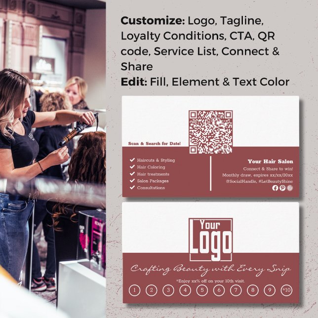 Carte De Fidélité Déverrouiller les récompenses beauté : Smoky Topaz (Unlock Beauty Rewards: Smoky Topaz Hair Salon Loyalty Card< QR code, Custom Logo)