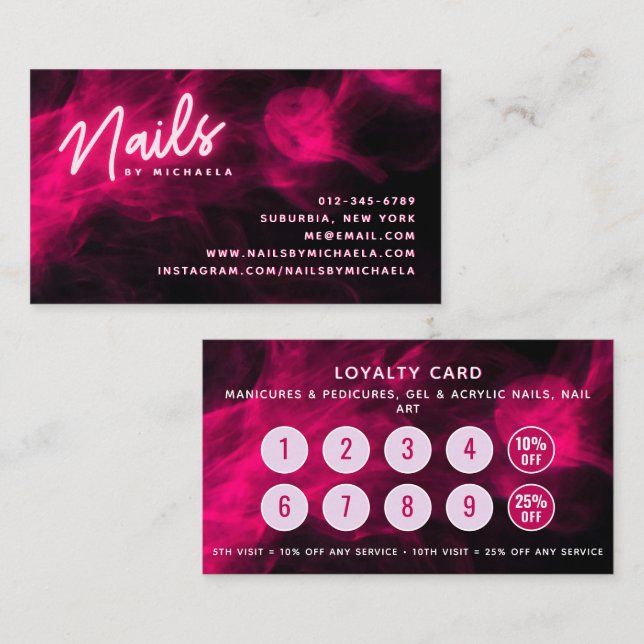 Carte de fidélité du salon à ongles rose et fumée (Devant / Derrière)