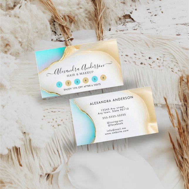 Carte De Fidélité Élégant Agate Bleu et Blanc Marbre Or Accents (Elegant Blue and White Agate Marble Gold Accents Loyalty Card)