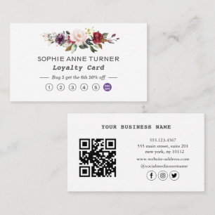 Carte De Fidélité Élégant QR Code Bourgogne Rose Floral Professionne