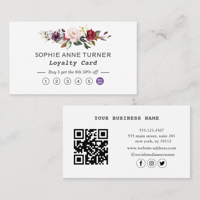 Carte De Fidélité Élégant QR Code Bourgogne Rose Floral Professionne (Devant / Derrière)