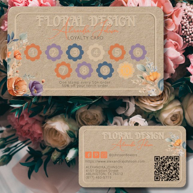 Carte De Fidélité Elégant Rustique Kraft Boho Floral Design Embossé (Créateur téléchargé)