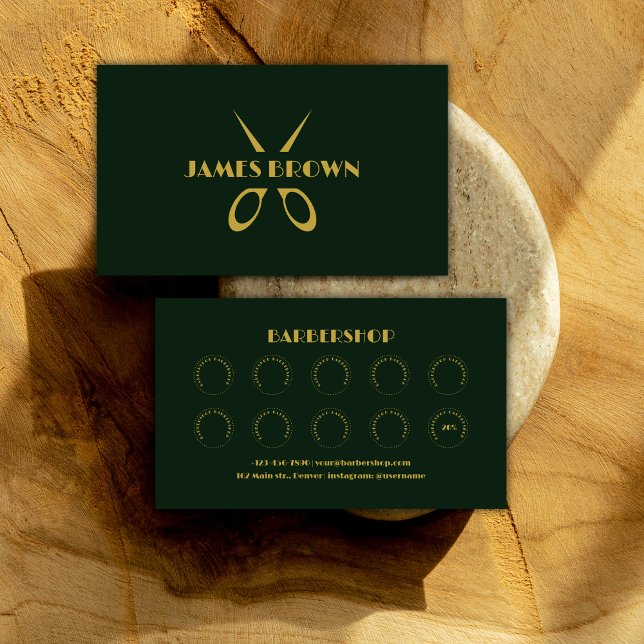 Carte De Fidélité Élégant salon Vert et Gold Barbershop (Elegant Salon Green and Gold Barbershop Loyalty Card)