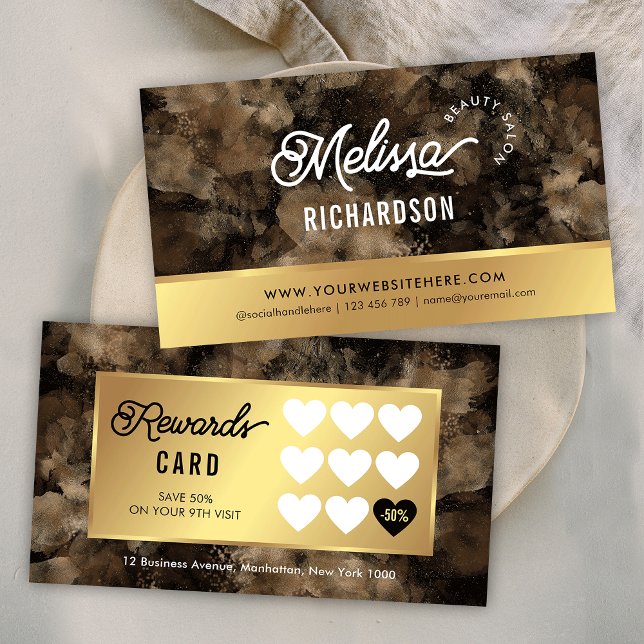 Carte De Fidélité Elégante Parties scintillant Noir & Or Aquarelle B (Glam black and gold glitter watercolor effect beauty salon loyalty cards with trendy script fonts)
