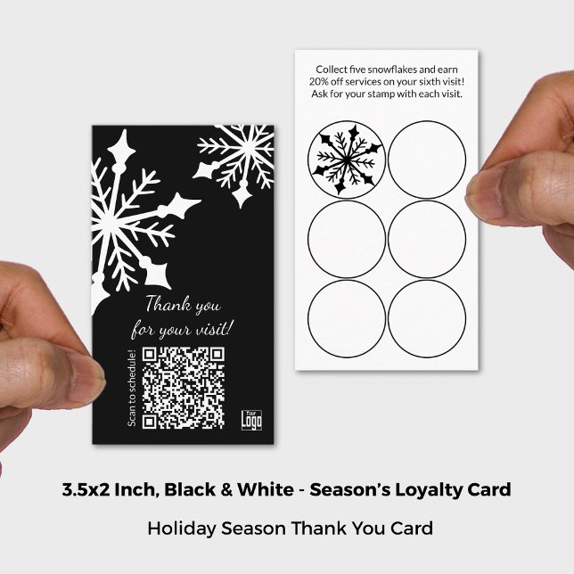 Carte De Fidélité Fête de Flèche de neige noire et blanche (Black & White Snowflake Holiday Loyalty Card; Size 3.5x2 Inch (US))