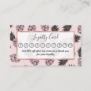 Carte De Fidélité Fille mignonne Floral rose Motif d'ananas noir