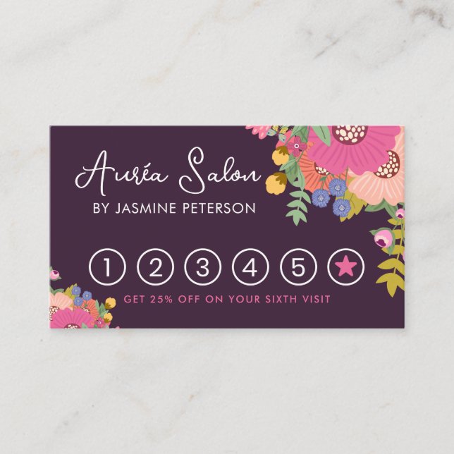 Carte De Fidélité Floral Hair Salon Loyalty Punch Card Six (Devant)