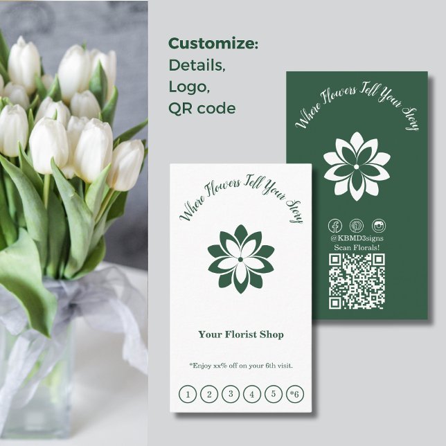 Carte De Fidélité Florist blanc et vert sur mesure (Customizable Green & White Florist Flat Loyalty Card, 6 Visits Reward, Where Flowers Tell Your Story)