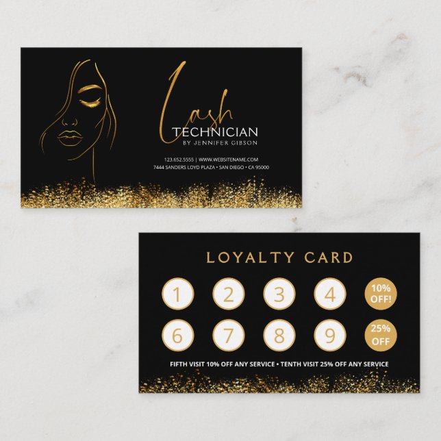 Carte De Fidélité Glamorous Black & Gold Lash Tech  (Devant / Derrière)