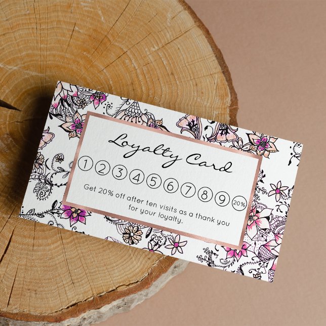 Carte De Fidélité Illustration florale blanche noire violet rose mod (Modern pink violet black white floral illustration)