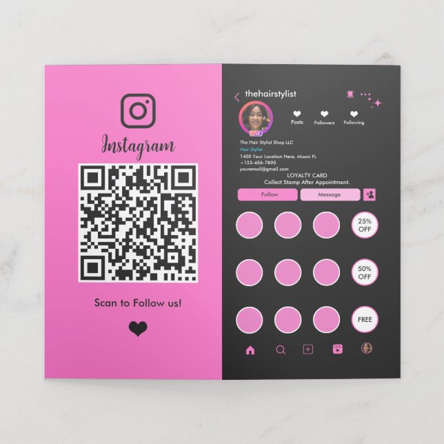 Carte De Fidélité Liste de cheveux Instagram QR Code (Extérieur déplié)