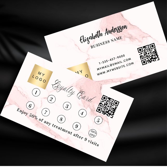 Carte De Fidélité Logo d'entreprise en marbre rose qr code (Créateur téléchargé)