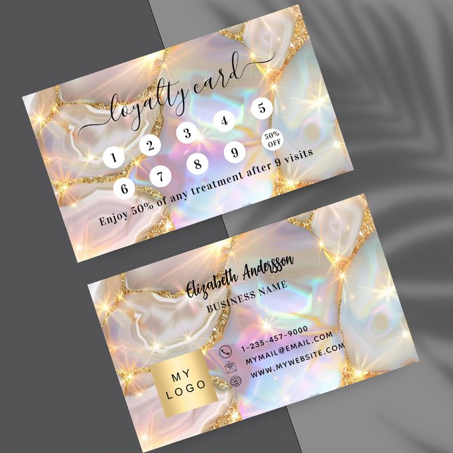 Carte De Fidélité Logo d'entreprise holographique agate en or beige (Créateur téléchargé)