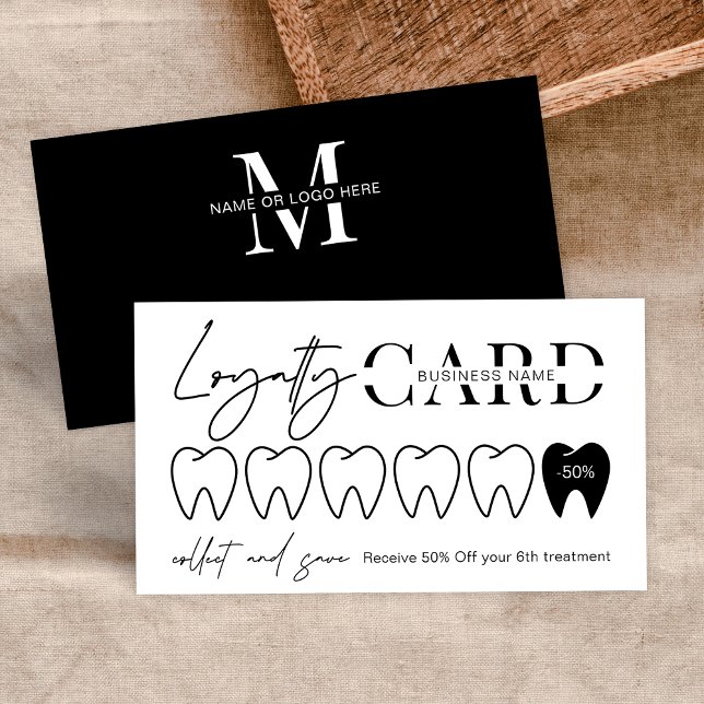 Carte De Fidélité Logo noir blanc moderne Orthodontiste dentiste (Minimalist loyalty card design for dentist or orthodontist in a modern black and white design)