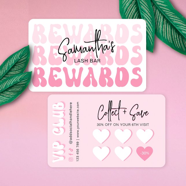 Carte De Fidélité Logo Retro rose moderne Lash Salon ou Spa (Retro pink rewards cards)