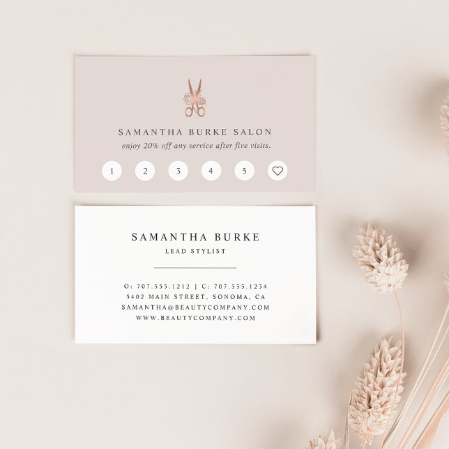 Carte De Fidélité Logo rose Gold Floral Ciseaux | Salon (Créateur téléchargé)
