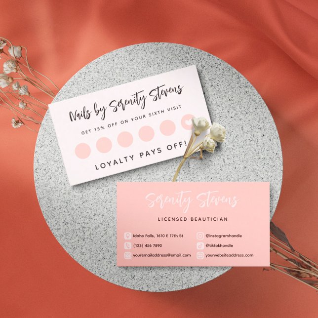 Carte De Fidélité Noir Script Blush Rose Beautician 6 Visites (Créateur téléchargé)