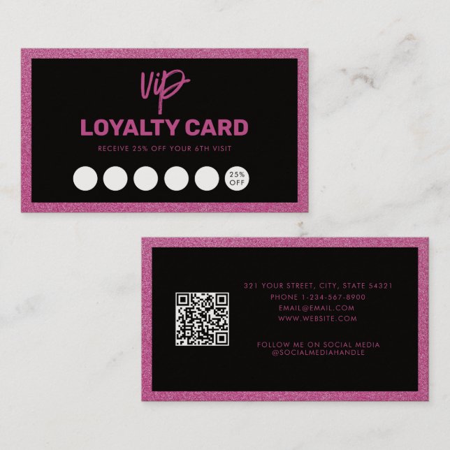 Carte de fidélité noire et rose Parties scintillan (Devant / Derrière)