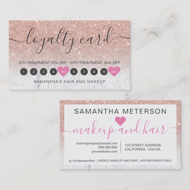 Carte De Fidélité parties scintillant en or rose ombre maquillage de (Devant / Derrière)
