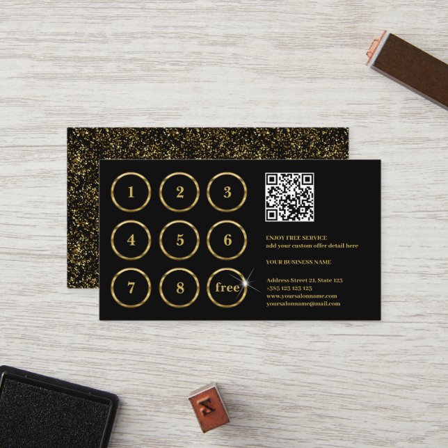 Carte de fidélité QR Code Gold et Black Elegant (Devant/Arrière en situation)