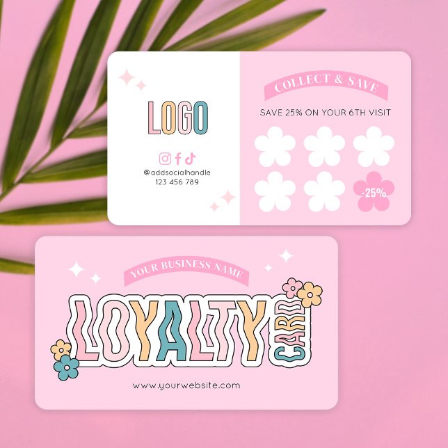 Carte De Fidélité Retro Super les années 70 rose esthétique ongles L (Groovy Retro Pink Aesthetic Business Stamp Cards with space for your logo and rewards offer)
