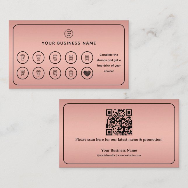 Carte De Fidélité Rose Gold Coffee Cup QR Code Ajouter votre logo (Devant / Derrière)