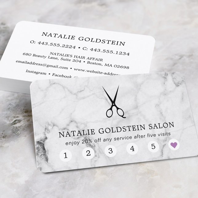Carte de fidélité Salon ciseaux noir et blanc en m (Marble Black & White Scissors Salon Loyalty Card)