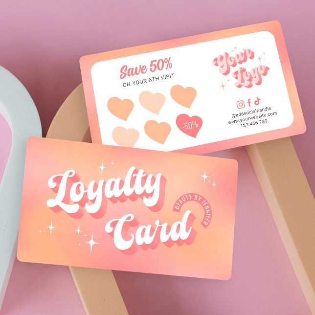 Carte De Fidélité Salon de beauté moderne Retro Feminine Rose Peach (Retro groovy business loyalty cards in pastel peach and pink hues, perfect for your feminine brand)