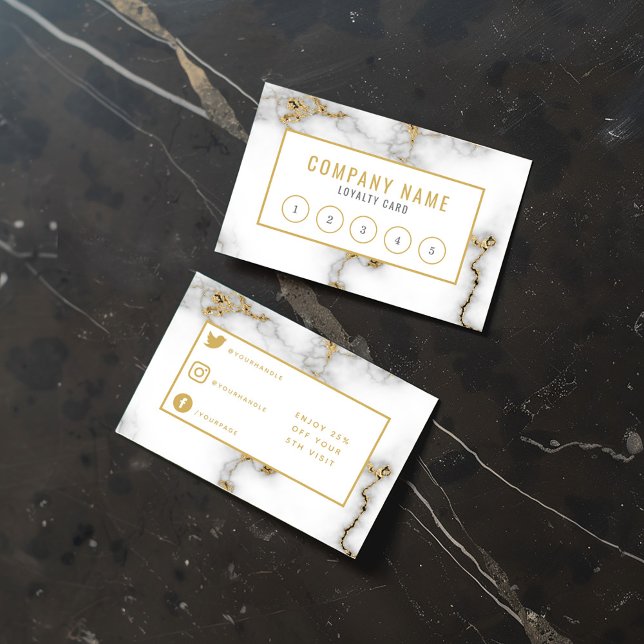 Carte de fidélité Salon moderne en marbre doré. (Elegant white and gold loyalty card with a marble design, featuring a numbered punch card layout)