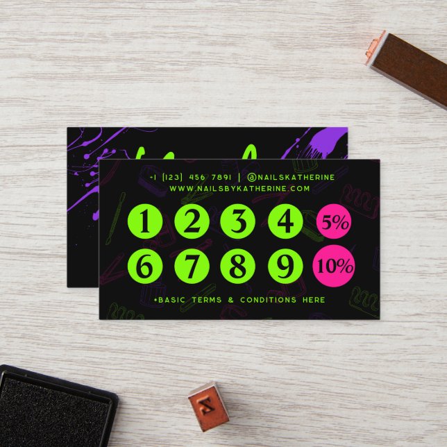 Carte De Fidélité Salon professionnel vert néon pourpre ongles ongle (Devant/Arrière en situation)