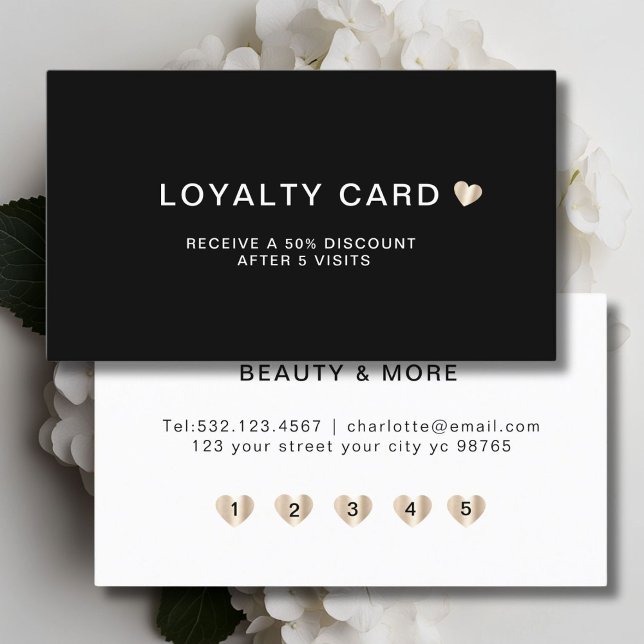 Carte De Fidélité Simple et élégant Coeur 5 Visite (Personalized, Simple Elegant Heart 5 Visit Loyalty Card, Black + Gold.)