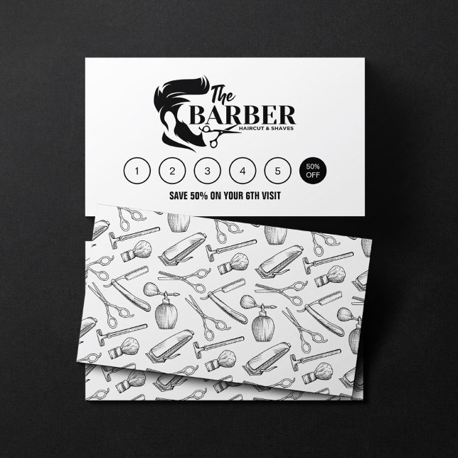Carte De Fidélité Simple noir et blanc Barber Stylist Shop Motif (Créateur téléchargé)
