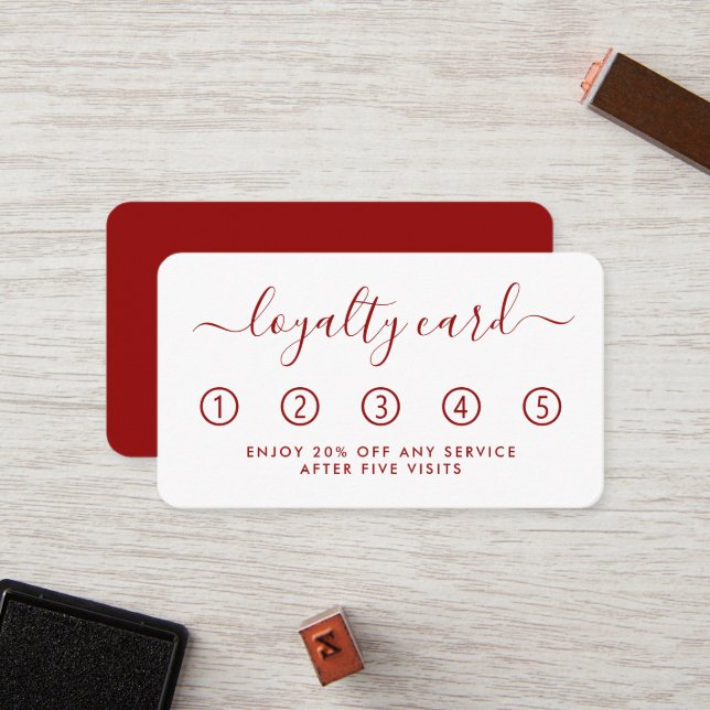 Carte de fidélité simple Script - Rouge et blanc (Devant/Arrière en situation)