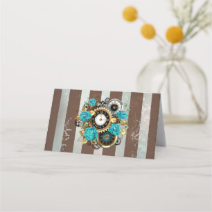 Carte De Fidélité Steampunk Clock and Turquoise Roses on Striped
