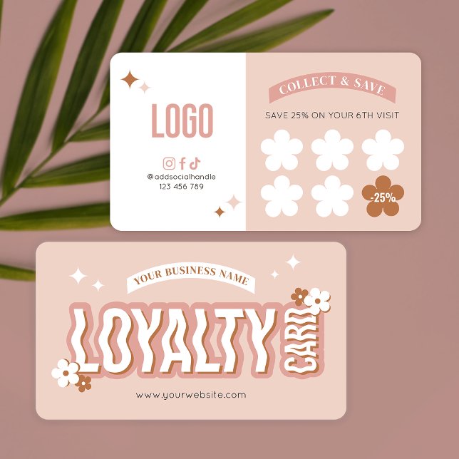Carte De Fidélité Super les années 70 Retro Branché Logo Coiffure Sa (Groovy Retro Cream Aesthetic Business Stamp Cards with space for your logo and rewards offer)