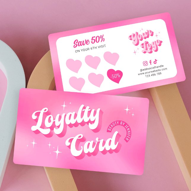 Carte De Fidélité Trendy Super Retro Rose Beauté Spa Nails Lashes (Trendy retro business loyalty cards in girly pink with space for your logo and custom rewards offer)