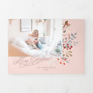 Carte De Fin D'année Trois Volets Aquarelle Florale hivernale sur photo rose pâle