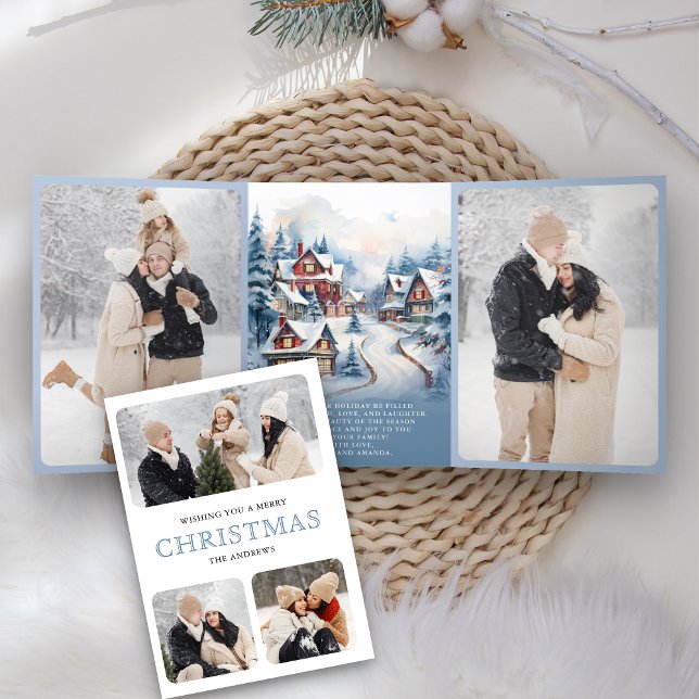 Carte De Fin D'année Trois Volets Aquarelle Village d'hiver Photo Collage Noël (Créateur téléchargé)