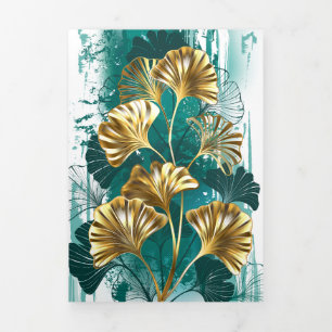 Carte De Fin D'année Trois Volets Branche avec Feuilles d'or Ginko Biloba
