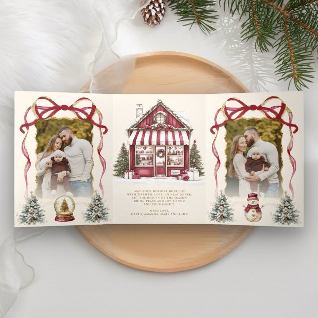Carte De Fin D'année Trois Volets Burgundy Coquette Bow Christmas Toy Store Photo (Inside)