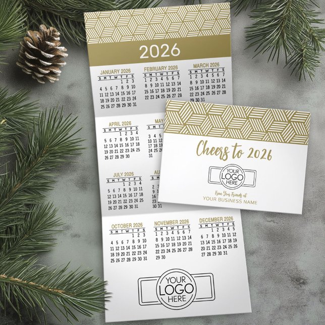 Carte De Fin D'année Trois Volets Calendrier - Gold White Business Logo Hanging (Business Holiday Card with a Hanging 2026 Calendar)