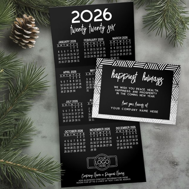 Carte De Fin D'année Trois Volets Calendrier, Logo - Black White Modern Business (Business Holiday Card with a Hanging 2026 Calendar)