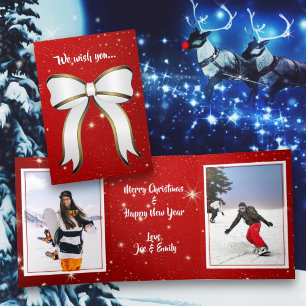 Carte De Fin D'année Trois Volets Carte photo double pliage de Noël rouge scintillan