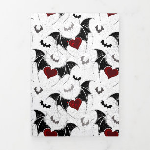 Carte De Fin D'année Trois Volets Coeur d'Halloween avec ailes de chauve-souris noir